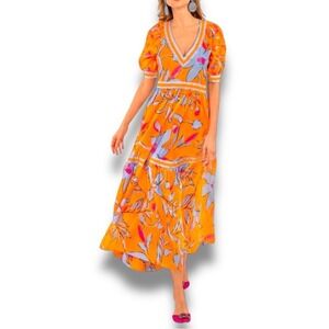 Gretchen Scott Orange Blue Pink‎ Viviers Full Bloom Floral Print Midi Dress XXS